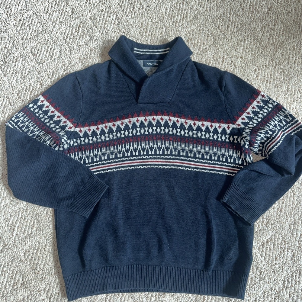NAUTICA Sweater Mens Large Shawl Collar Thermal Holiday Pullover Cotton Navy